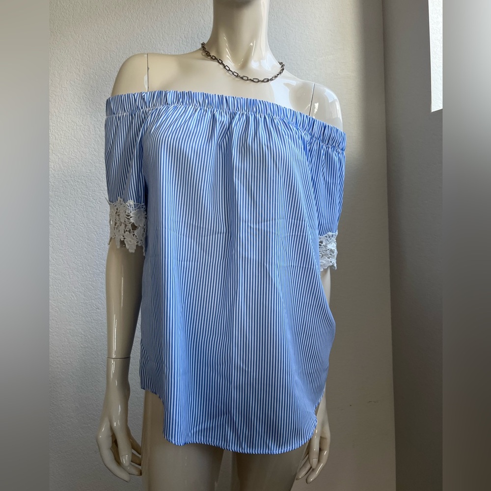Blue Striped Off-Shoulder Top with Lace Trim